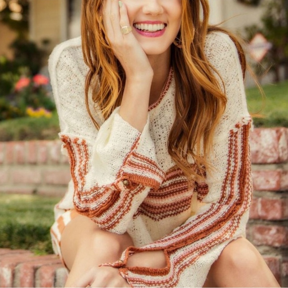 EASEL Cream Burgundy Striped Knit Pullover Sweater - Picture 5 of 7